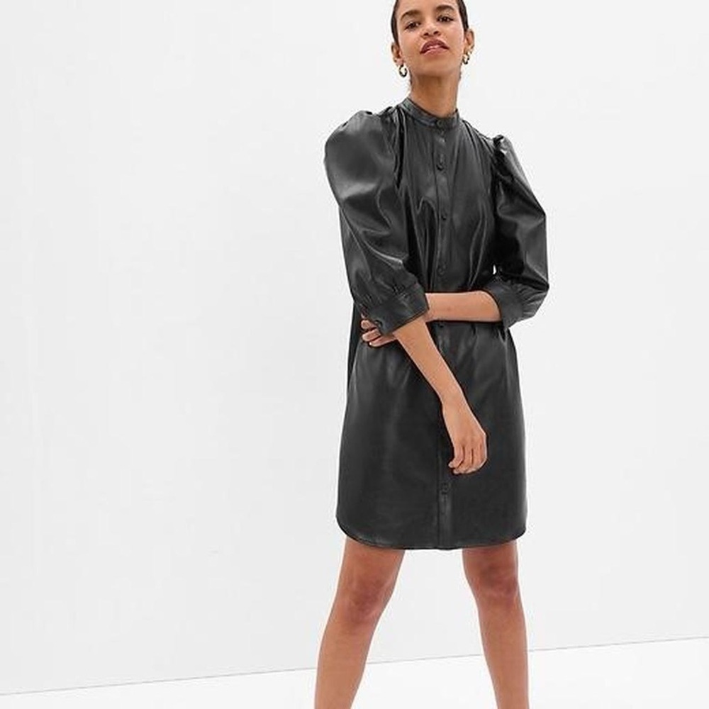 Nwt Gap Black Faux Leather Button-Up Mini Dress